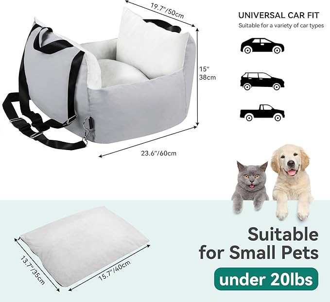 YITAHOME Dog Car Seat for Small Dogs Up to 20lbs, Portable Pet Booster Seats with Storage Pocket, Straps, Washable and Detachable, Soft Car Travel Dog Bed, Light Grey