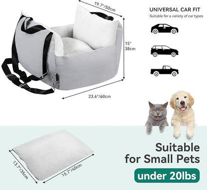 YITAHOME Dog Car Seat for Small Dogs Up to 20lbs, Portable Pet Booster Seats with Storage Pocket, Straps, Washable and Detachable, Soft Car Travel Dog Bed, Light Grey