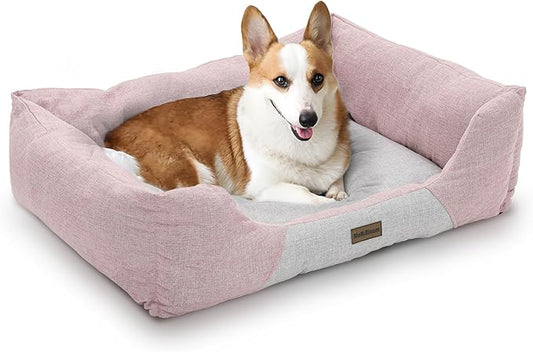 MoNiBloom 32"x26"x8" Dog Beds for Large Size Dogs Machine-Washable Linen-Like Fabric Pet Beds Warming Cozy Soft Bed for Dogs and Cat