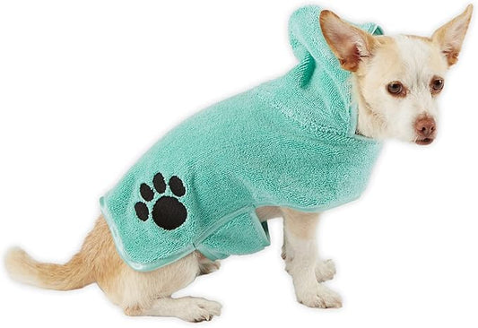 Bone Dry Pet Robe Collection, Embroidered Absorbent Microfiber Bath Robe with Adjustable Closure, for Dogs & Cats, X-Small, Aqua