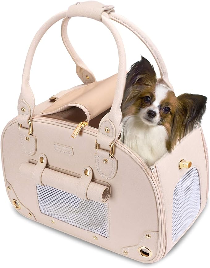 PetsHome Dog Carrier Purse, Pet Carrier, Cat Carrier, Waterproof Premium Leather Pet Travel Portable Bag Carrier for Cat and Small Dog Home & Outdoor Medium Beige