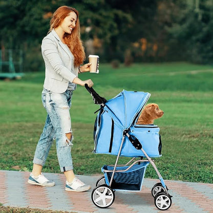 Pet Stroller for Small Dogs and CatsQuick-Folding Portable Travel Cat Dog Stroller with Storage Basket and Cup Holder 4 Wheels,