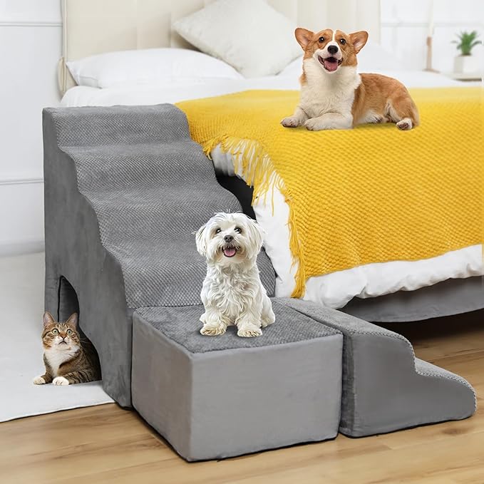 30” Dog Stairs for High Beds, AFATI Pet Stairs, Adjusts to Either Side of Bed, L Shaped Foam Pet Stairs for High Beds, 30 in Height 6 Tier Dog sSteps for Bed, Multifunctional Dog Ramp for Small Dog