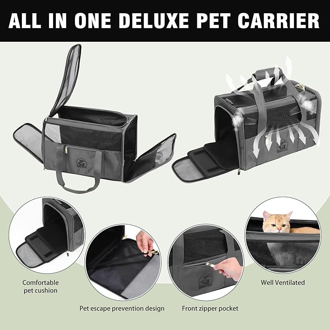 Luxury Pet Carrier for Dogs, Cats, Puppies - Airline TSA Approved, Durable Anti-Scratch Fabric, Soft-Sided, Consistent Airflow, Foldable Design, Cushion Pad, Travel (Grey, Medium)