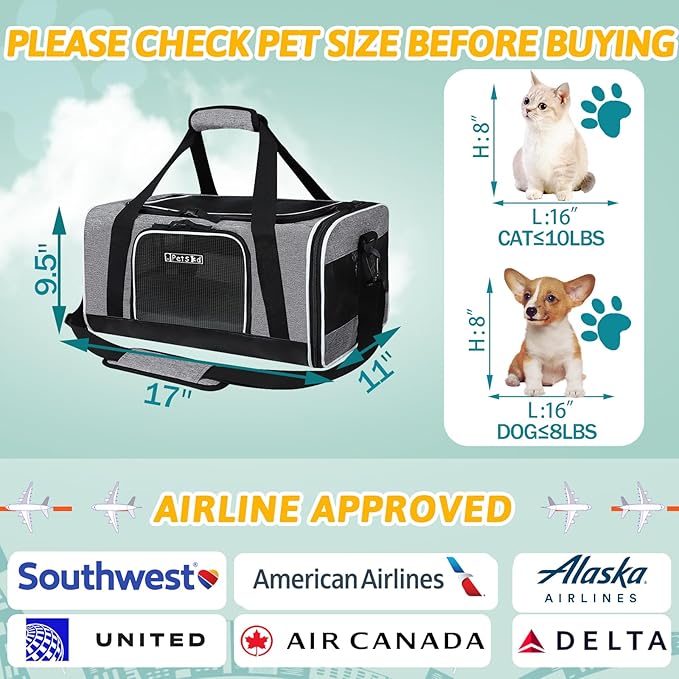 Petskd Pet Carrier 17x11x9.5 Alaska Airline Approved,Pet Travel Carrier Bag for Small Cats and Dogs, Soft Dog Carrier for 1-10 LBS Pets,Dog Cat Carrier with Safety Lock Zipper(Grey)