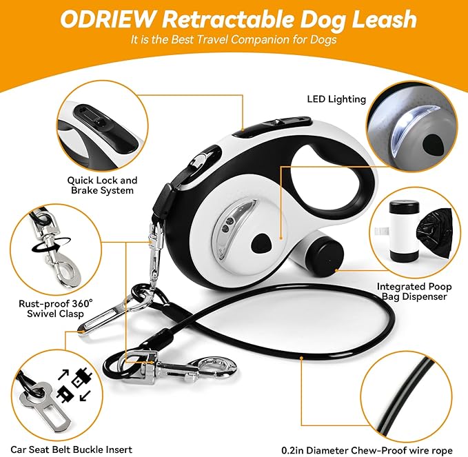 Heavy Duty Retractable Dog Leash for Large Dogs 26ft with 2 Poop 360° No 110Lbs. (White, 26ft)