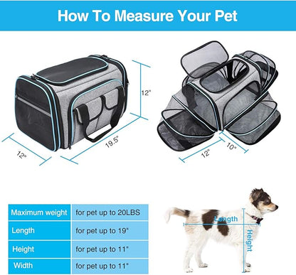 Airline Approved Pet Carrier, Large Soft Sided Pet Travel TSA Carrier 4 Sides Expandable Cat Collapsible Carrier with Removable Fleece Pad and Pockets for Cats Dogs and Small Animals