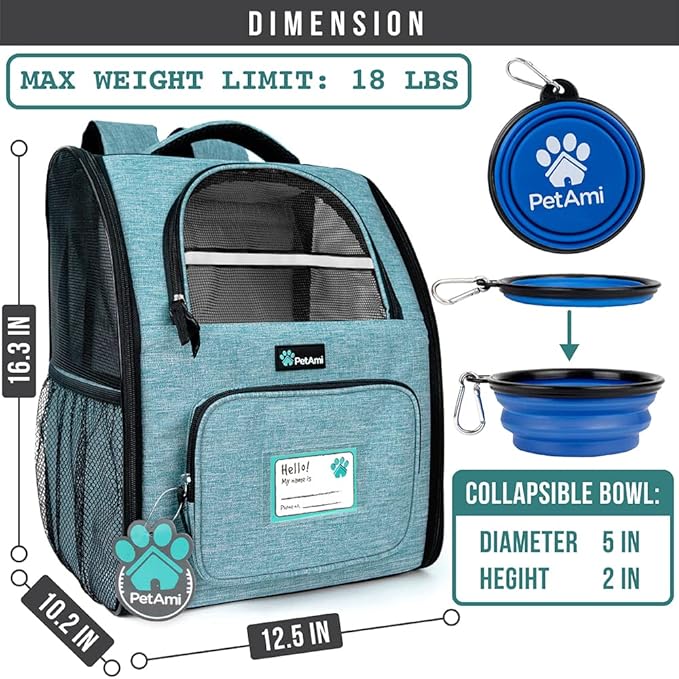 PetAmi Dog Backpack Carrier for Small Large Cat, Pet, Puppy, Ventilated Pet Hiking Backpack Travel Bag, Airline Approved Cat Backpack Carrier, Camping Biking Dog Bag Up to 18lbs Pet, Teal Turquoise