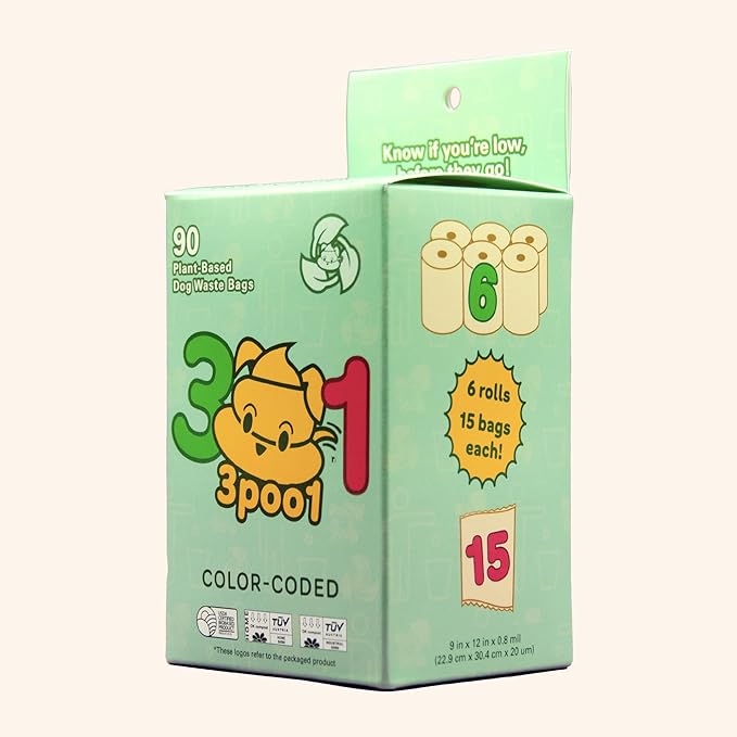 Color-Coded Dog Poop Bags 90 bags (6 rolls)