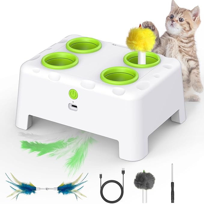 Interactive Cat Toys, 2-in-1 Automatic Cat Toy, 4 Holes Mice Whack A Mole Cat Mouse Toy with Moving Feather, Portable USB Rechargeable Electronic Kitten Toys White