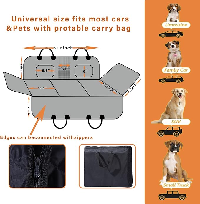 Back Seat Extender for Dogs Hard Bottom Dog Hammock-600D Heavy