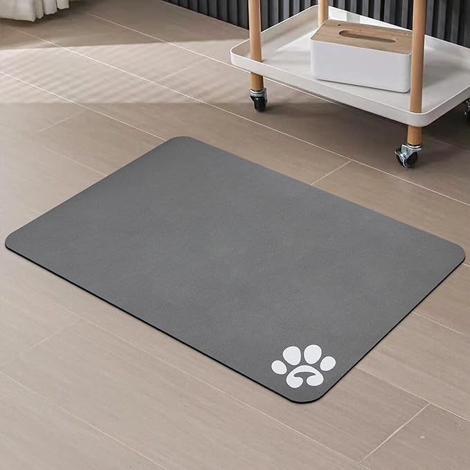 YCT Pet Cat Food Mats for Dog Food Mat, Cat Mat for Food, Pet Dog Cat Feeding Mat Eating Mat Pet Dog Cat Bowl Mats, Non-Slip Super Absorbent, with Footprints Logo，24 x 16.9 inches, Dark Grey