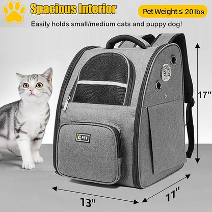 Cat Backpack with Inbuilt Fan, Large Breathable Cat Backpack Dog Carrier, Pet Backpack Carrier for Small Dogs, Foldable Cat Travel Backpack, Portable Cat Carrying Backpack for Hiking Walking, Grey