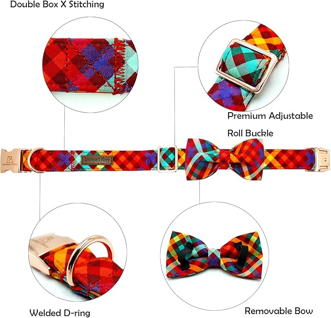 Lionheart glory Plaid Dog Collar Fall Halloween Dog Collars Bowtie Heavy Soft Adjustable Dog Collar for Medium Dogs Collar Dog Bow Male/Female Dog Collar Pet Gift
