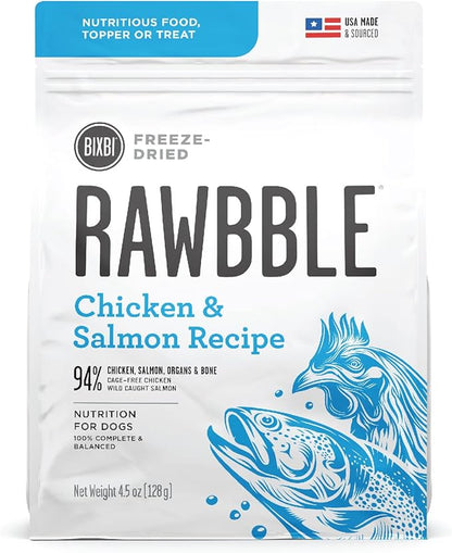 BIXBI Rawbble Freeze Dried Dog Food, Chicken & Salmon Recipe, 4.5 oz - 94% Meat and Organs, No Fillers - Pantry-Friendly Raw Dog Food for Meal, Treat or Food Topper - USA Made in Small Batches