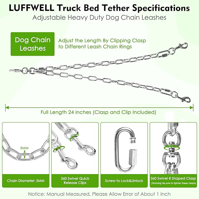 Chain Dog Truck Bed Cross Tether, Chew Proof Truck Bed Dog Leash System for Two Dogs, Heavy Duty Dog Vehicle Bed Restraints Tie Down Tether, Metal Pet Bed Harness Barrier Lead for Pickup, Car, Trucks