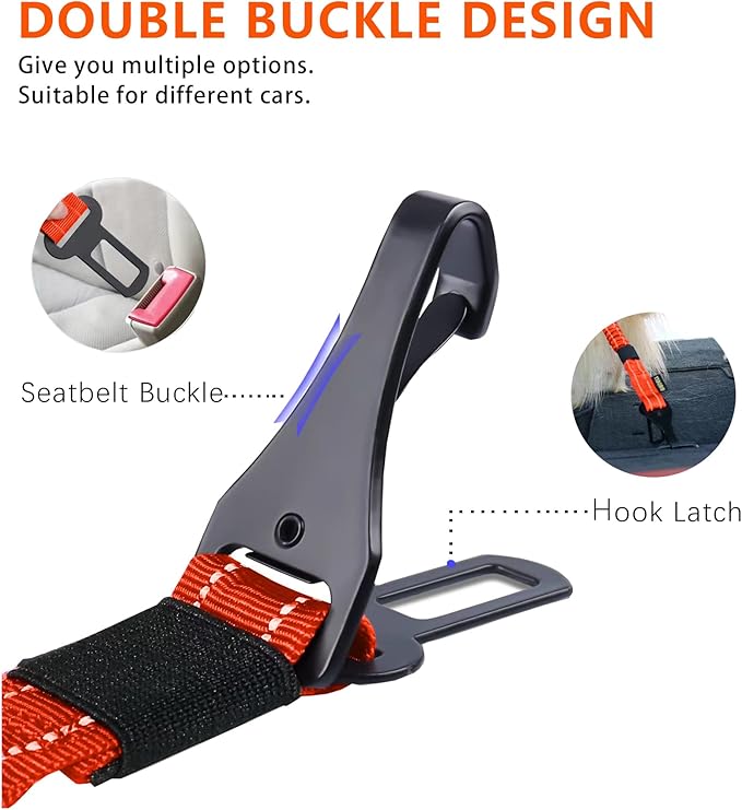 AUBELL Dog Seatbelt, Updated 3-in-1 Pet Car Seat Belt for Dogs, Bungee Dog Car Tether with Clip Hook Latch & Buckle, Heavy Duty Dog Car Harness with Swivel Aluminum Carabiner,Orange