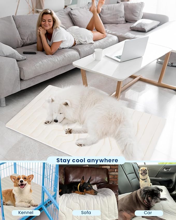 ZonLi Dog Cooling Mat, 48" x 28"Medium, Cooling Pad Reversible (Cool & Warm), Pet Cool Mats for Dog and Cat use in Crate, Kennel, Bed, Sofa, Machine Washable, Durable, Non-Toxic Gel, Ivory White