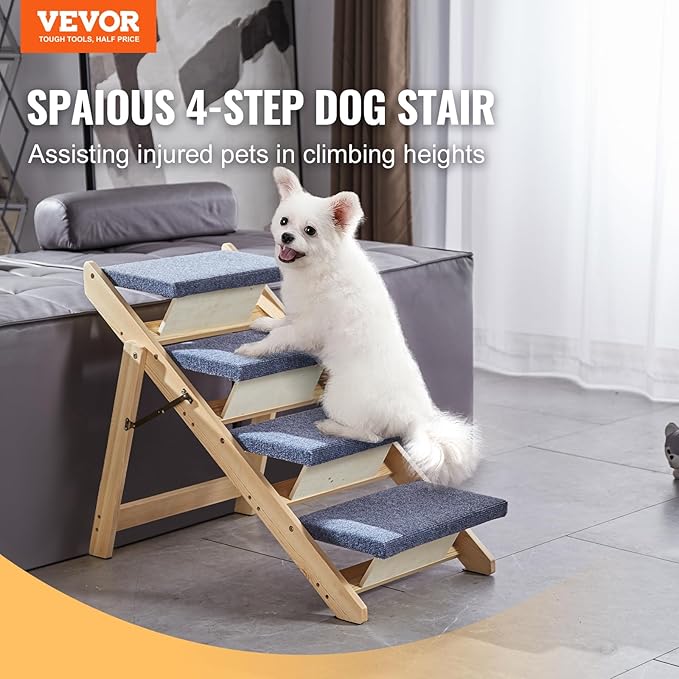 VEVOR Wood Pet Stairs/Pet Steps 2-in-1 Foldable 4 Steps 150 lbs