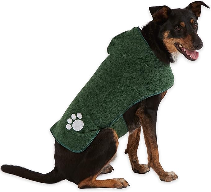 Bone Dry Pet Robe Collection, Embroidered Absorbent Microfiber Bath Robe with Adjustable Closure, for Dogs & Cats, Medium, Hunter Green