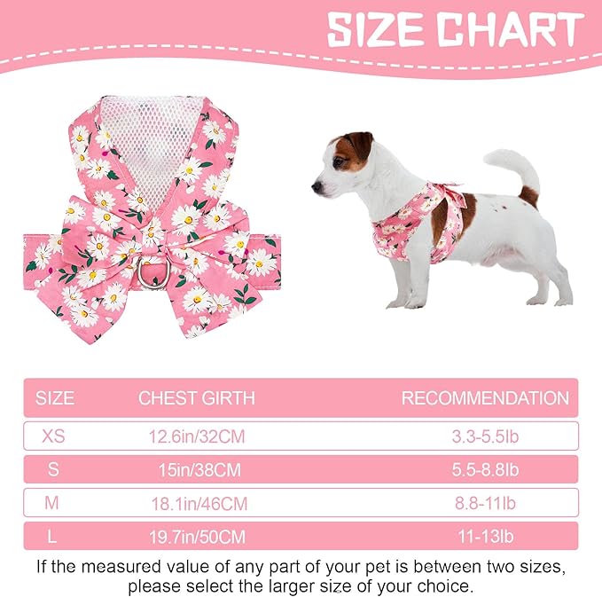 Dog Harness Vest Set for Small Girl Dogs with D-Ring Soft Comfortable Mesh Dog Harness Vest Pet Daisy Floral Bow Tie for Small Medium Large Dogs (Pink, XS)