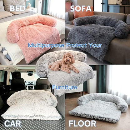 Calming Plush Dog Bed, Plush Pet Couch Protector for Dog with Memory Foam Neck Bolster, Universal Pet Furniture Cover, Sofa Bed Cover, Plush Dog Bed Machine Washable Pink Medium