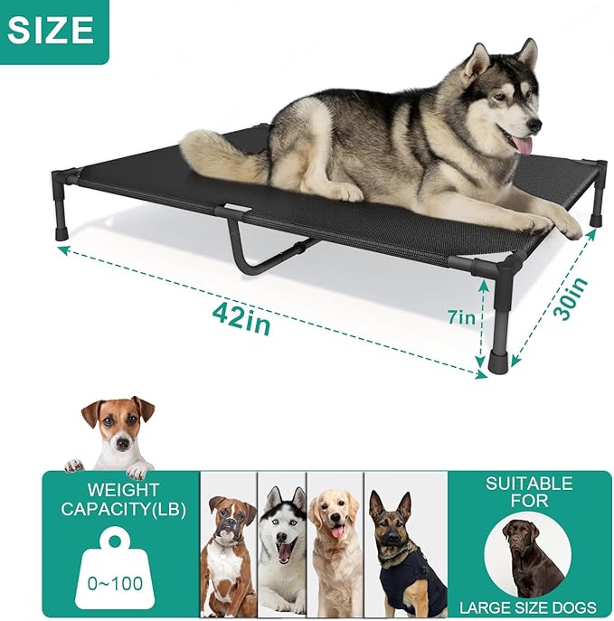 Large Elevated Outdoor Dog Bed 42x30x7in Raised Dog Bed Summer Waterproof Dog Cot Bed Breathable Teslin Mesh 100 lbs.