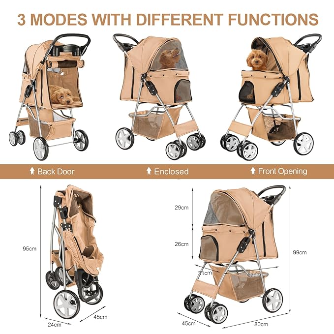 Pet Stroller for Small Dogs and CatsQuick-Folding Portable Travel Cat Dog Stroller with Storage Basket and Cup Holder 4 Wheels,