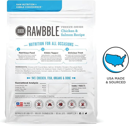 BIXBI Rawbble Freeze Dried Dog Food, Chicken & Salmon Recipe, 26 oz - 94% Meat and Organs, No Fillers - Pantry-Friendly Raw Dog Food for Meal, Treat or Food Topper - USA Made in Small Batches