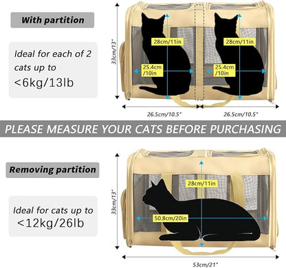 Double Compartment Cat Carrier with Wheels for 2 Small and Medium Cats,Rolling Cat Carrier on Wheels for 2 Cats,Ideal for Traveling/Hiking/Camping,21" x 17" x 13", Not Airline Approved