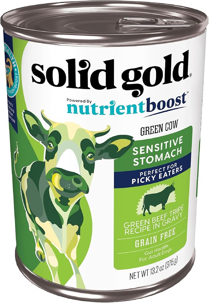 Solid Gold Green Cow Wet Dog Food Mix in for Adult & Senior Dogs for Picky Eaters - Canned Dog Food Additive with Beef Tripe for Healthy Digestion & Sensitive Stomach - 6 Pack/13.2 oz Cans