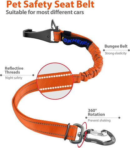 IOKHEIRA Dog Seatbelt, Orange Dog Seat Belt, Adjustable Dog Seatbelt Harness, Reflective Bungee Dog Car Seatbelt with Hook& Buckle, Dog Car Seat Belt with Aviation Aluminum Alloy Swivel Carabiner