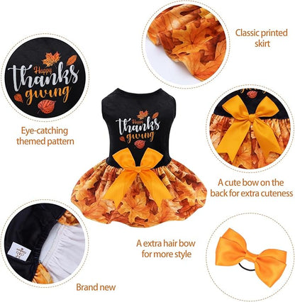 CuteBone Thanksgiving Dog Dresses Velvet Holiday Small Dogs Clothes Onesie Pet Apparel Girl Puppy Skirt with Bow Hair Rope CVA52S-D