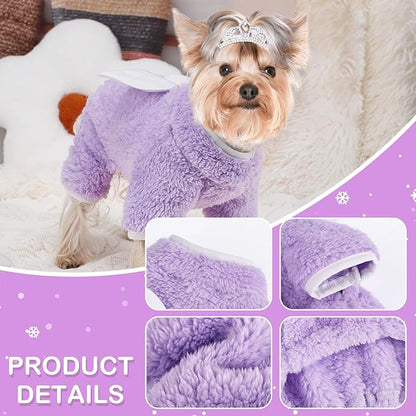 Dog Pajamas, X-Small, Purple - Winter Warm Fleece Dog Clothes for Small Dogs & Cats, Stretchy 4 Legged Jumpsuit