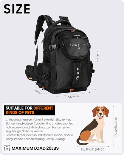 ALBINA Small Dog Carrier Backpack, Waterproof, Ventilated, Snack Pocket, Comfortable Back Panel. Ideal for Small Pet & Cats in Outdoor Activities. Hard EVA Base, Separate Laptop Compartment (Black)