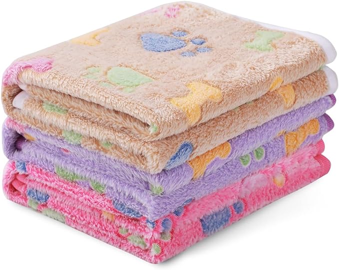 1 Pack 3 Blankets Super Soft Fluffy Cute Bone Pattern Pet Blanket Flannel Throw for Dog Puppy Cat Pink/Brown/Purple Medium