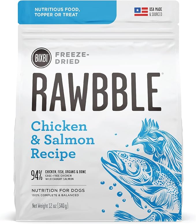 BIXBI Rawbble Freeze Dried Dog Food, Chicken & Salmon Recipe, 12 oz - 94% Meat and Organs, No Fillers - Pantry-Friendly Raw Dog Food for Meal, Treat or Food Topper - USA Made in Small Batches