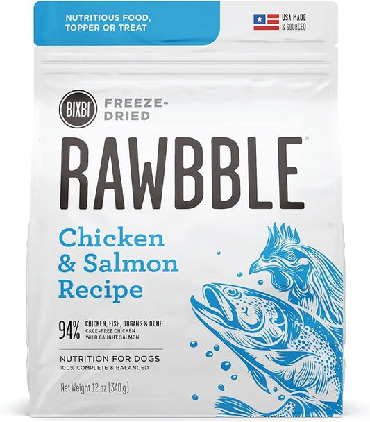 BIXBI Rawbble Freeze Dried Dog Food, Chicken & Salmon Recipe, 12 oz - 94% Meat and Organs, No Fillers - Pantry-Friendly Raw Dog Food for Meal, Treat or Food Topper - USA Made in Small Batches