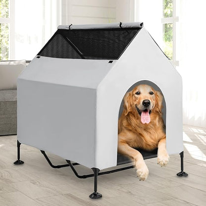 48" House for Large Dogs Outside & Elevated Dog Bed,Waterproof Dog House for Indoor & Outdoor Use, Portable Pet House with Powerful Anti-Slip Feet,Weatherproof Dog Shelter Cot for S/M/L Dogs & Cats