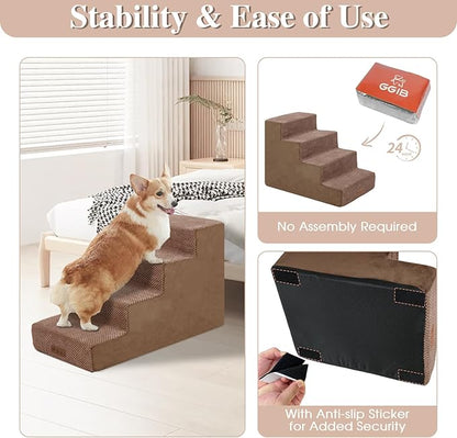 4-Step Brown Dog Stairs for Medium Dogs - Steps for Dogs to get on Bed, Non-Slip Removable Washable Cover, Friendly to Older and Injured Dogs, 18" High