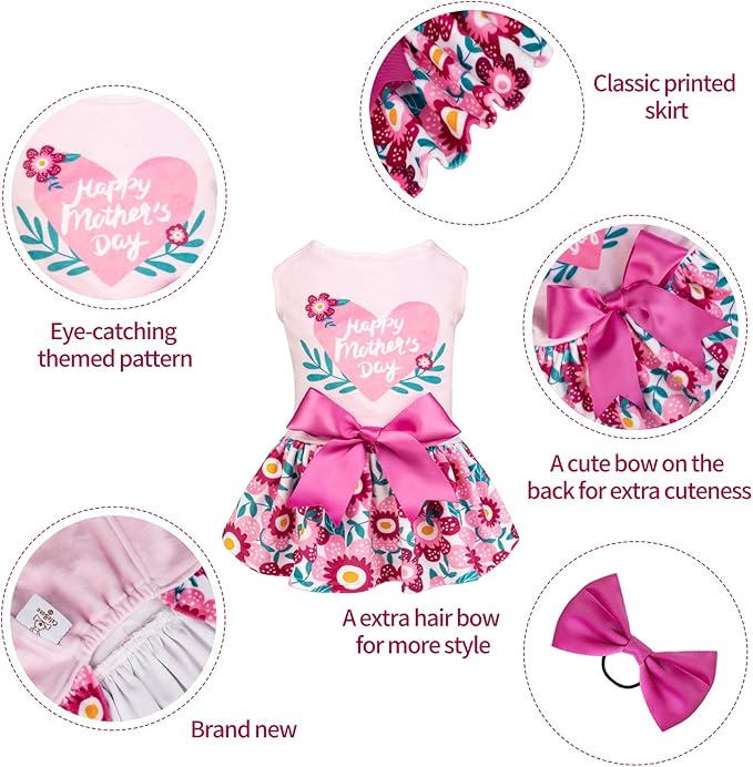 CuteBone Happy Mother's Day Dog Dress Velvet for Small Dogs Girl Floral Skirt Pink Puppy Dresses Dog Clothes CVA22S-D