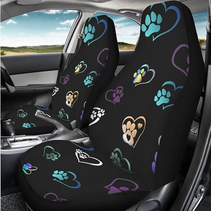 Colorful Heart Dog Paw Print Car Seat Covers Full Set of 2