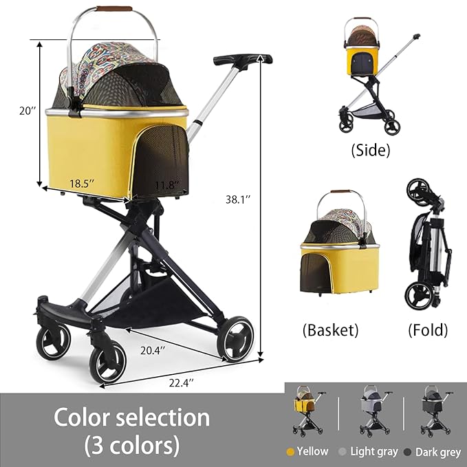 3 in 1 Pet Stroller Cats Dogs Folding Cat Stroller Detachable Carrier 33lb Max 4 Wheels