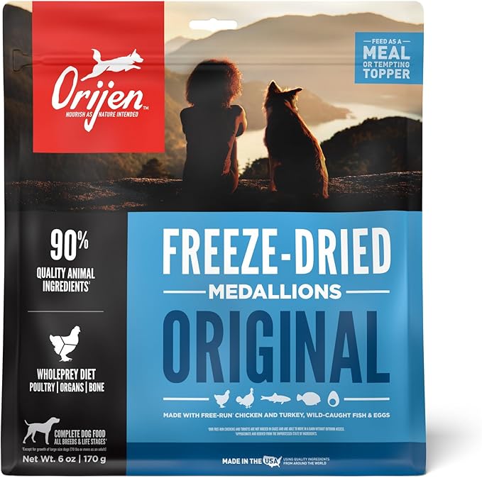 ORIJEN Original Freeze Dried Medallions, Grain Free Dry Dog Food and Topper, WholePrey Ingredients, 6 oz