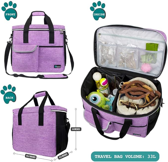 PetAmi Dog Travel Bag, Travel Pet Bag Organizer, Dog Food Travel Bag with Food Container and Bowls, Dog Travel Supplies Gift Accessories for Weekend Camping, Dog Cat Diaper Bag (Purple, Large)