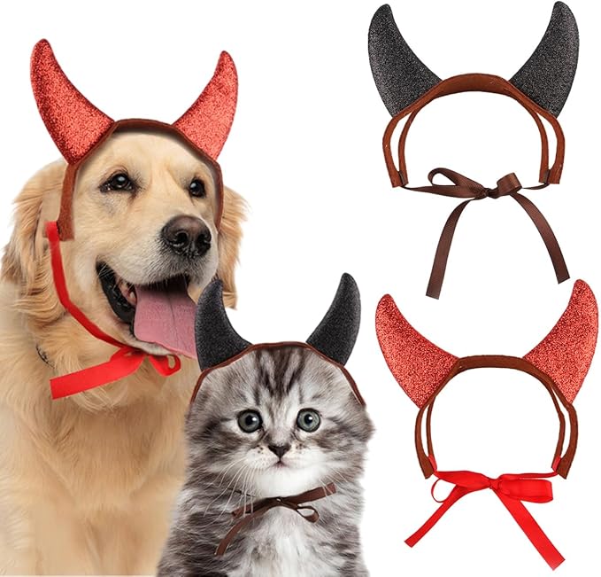 2Pcs Halloween Pet Costume Devil Horn Headdress Headband Accessory, Adjustable Strap Funny Demon Cosplay Dress Up Accessories for Dogs Cats Halloween Party Photo Cosplay and Daily Wearing (Medium)