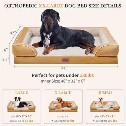 XXL Orthopedic Dog Bed, Waterproof Dog Beds for Extra Large Dogs, Washable Dog Bed Sofa Pet Bed with Removable Cover & Non-Slip Bottom(XX-Large,Khaki)