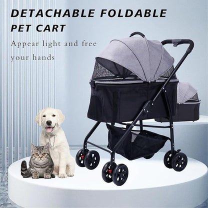 Dog Cat Pet Gear Stroller 3-in-1 Folding Lightweight for Small Medium Dog Cat with Detachable Carrier 4 Wheels