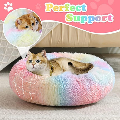 JOLLYVOGUE Calming Donut Dog Bed & Cat Bed (24", Rainbow)
