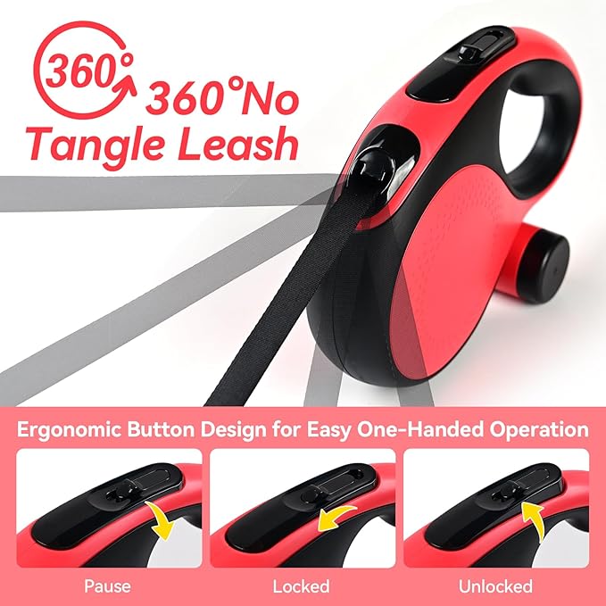 Retractable Dog Leash 16ft 360° Tangle-Free, 6-in-1 with 2 Poop 110lbs. (Red, 16ft)